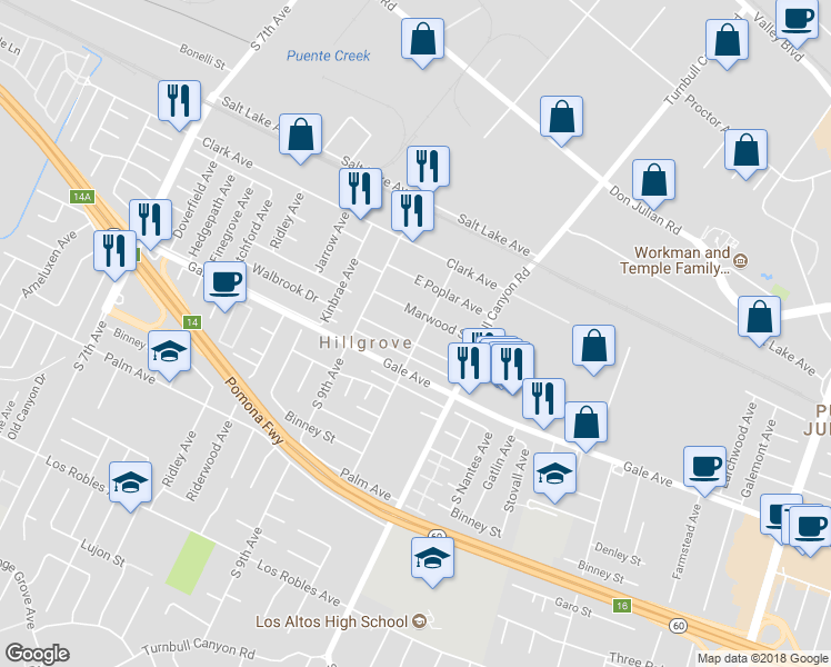 map of restaurants, bars, coffee shops, grocery stores, and more near 15063 Walbrook Drive in La Puente