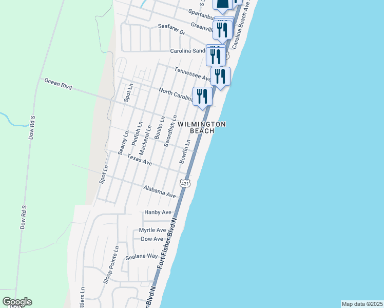 map of restaurants, bars, coffee shops, grocery stores, and more near 1500 S Lake Park Blvd in Carolina Beach