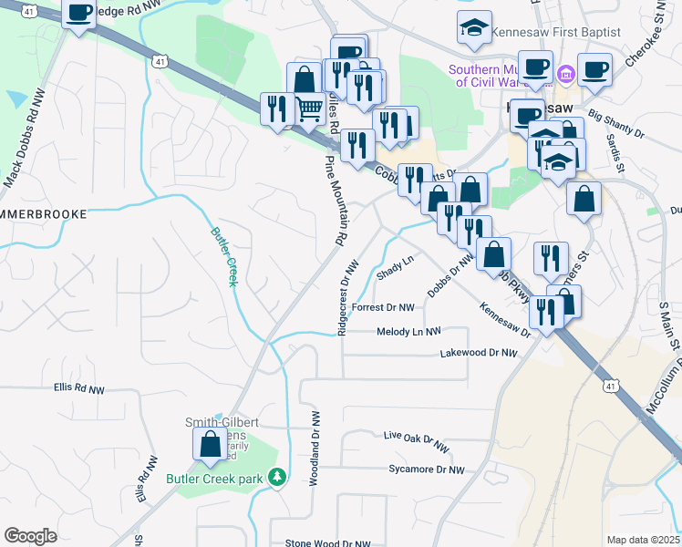 map of restaurants, bars, coffee shops, grocery stores, and more near 2531 Ridgecrest Drive Northwest in Kennesaw