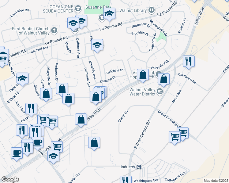 map of restaurants, bars, coffee shops, grocery stores, and more near 20956 Cornerstone Drive in Walnut