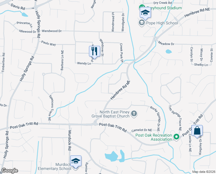 map of restaurants, bars, coffee shops, grocery stores, and more near 2777 Field Creek Court in Marietta