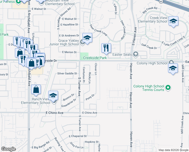 map of restaurants, bars, coffee shops, grocery stores, and more near 3110 Clover Lane in Ontario