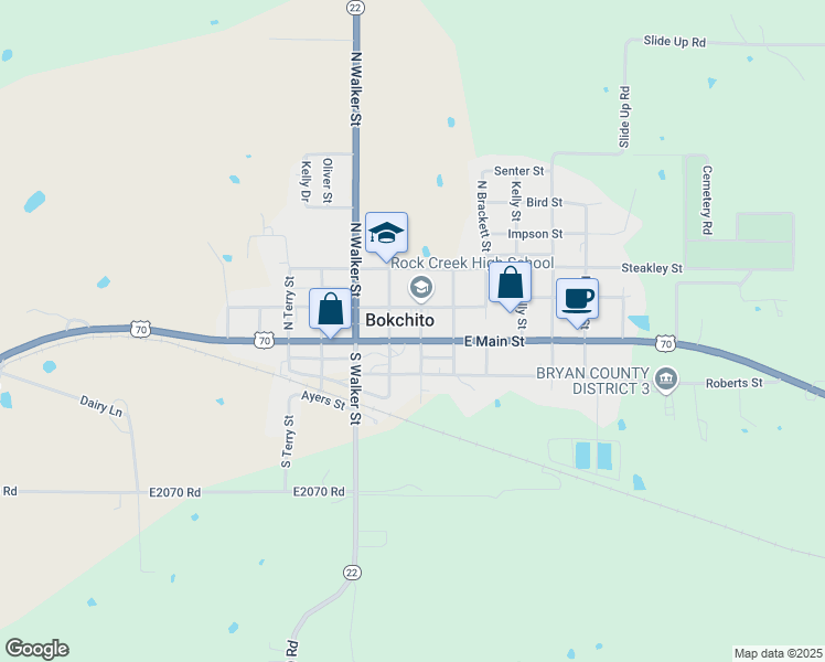 map of restaurants, bars, coffee shops, grocery stores, and more near 200 East Steakley Street in Bokchito