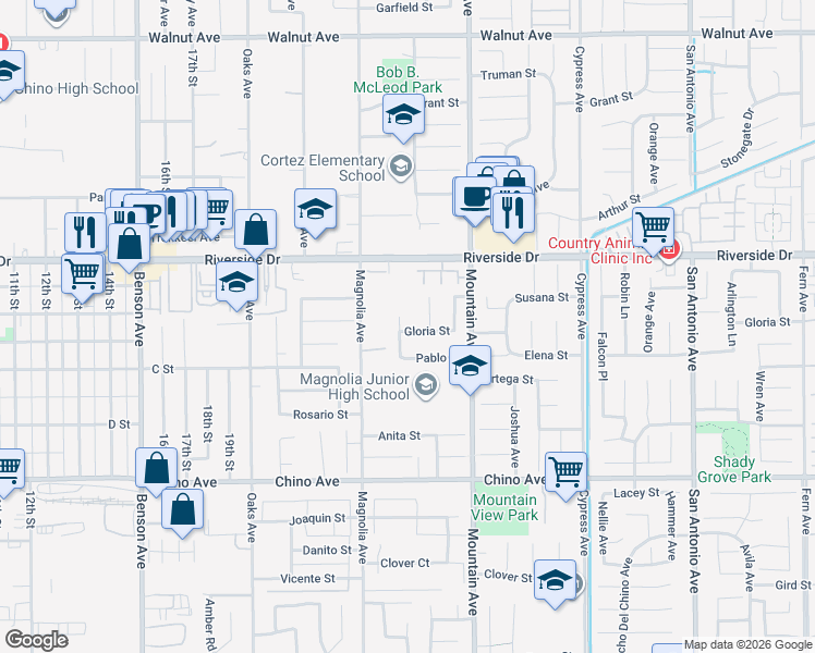 map of restaurants, bars, coffee shops, grocery stores, and more near 13022 Scarborough Avenue in Chino