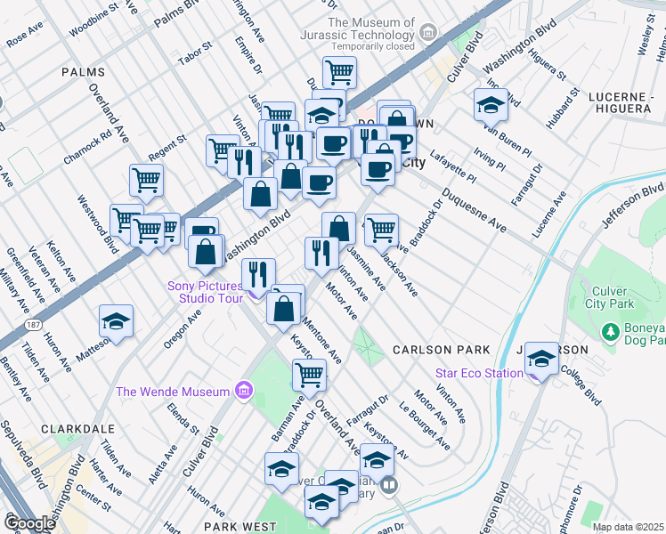 map of restaurants, bars, coffee shops, grocery stores, and more near 4100 Vinton Avenue in Culver City