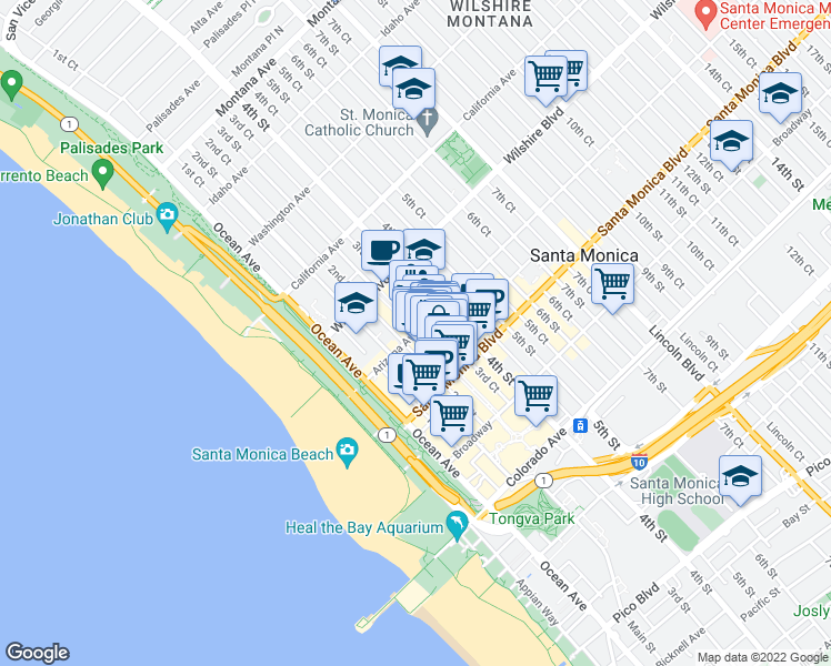 map of restaurants, bars, coffee shops, grocery stores, and more near Arizona Ave & 3rd St in Santa Monica