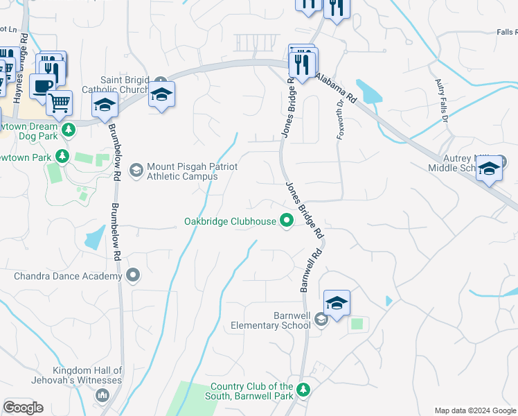 map of restaurants, bars, coffee shops, grocery stores, and more near 3555 River Trace Drive in Alpharetta