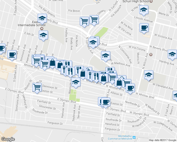 map of restaurants, bars, coffee shops, grocery stores, and more near 728 Hay Avenue in East Los Angeles