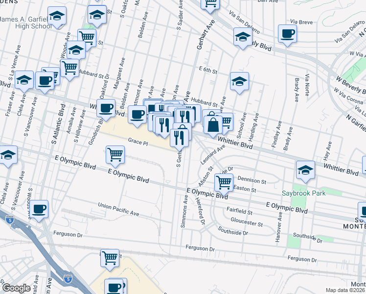 map of restaurants, bars, coffee shops, grocery stores, and more near 5730 Whittier Boulevard in Commerce