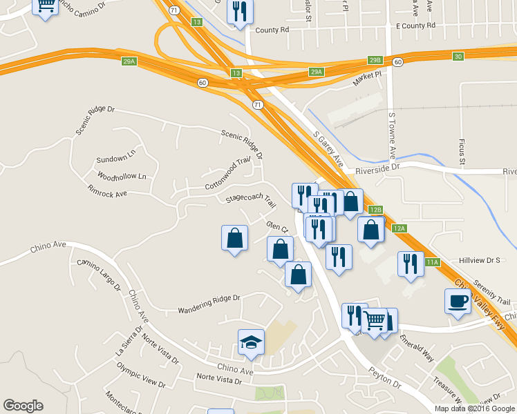 map of restaurants, bars, coffee shops, grocery stores, and more near 13035 Glen Court in Chino Hills