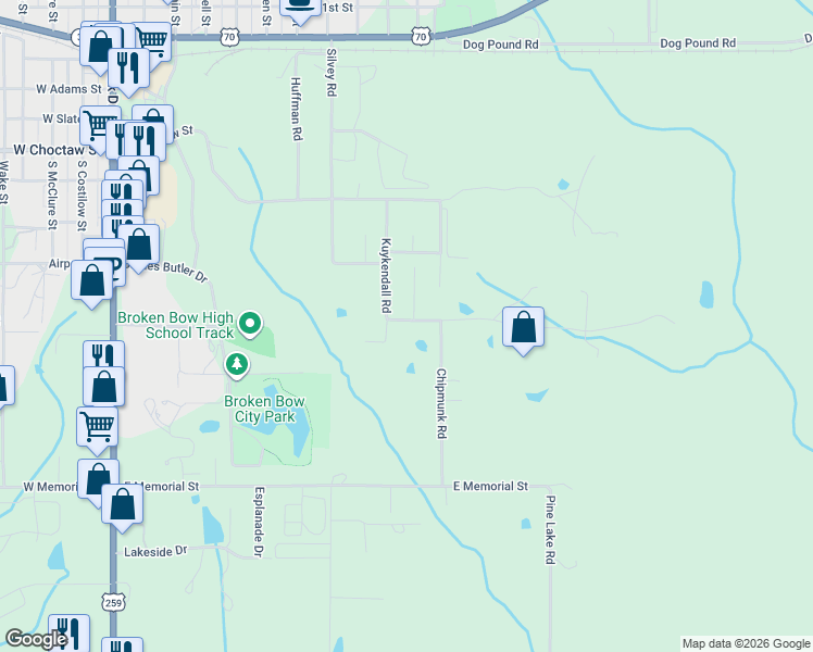 map of restaurants, bars, coffee shops, grocery stores, and more near 30 Hickory Drive in Broken Bow