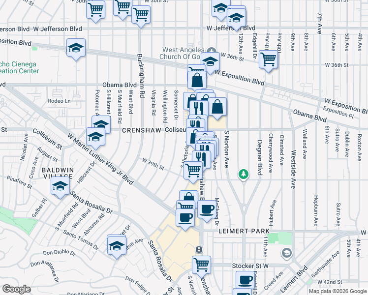 map of restaurants, bars, coffee shops, grocery stores, and more near 3811 South Victoria Avenue in Los Angeles