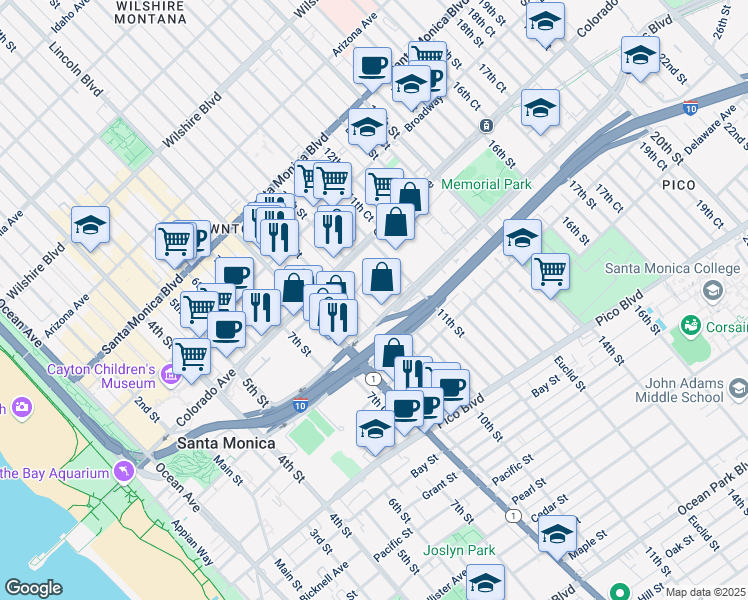 map of restaurants, bars, coffee shops, grocery stores, and more near 1658 10th Street in Santa Monica