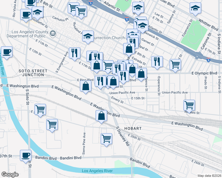 map of restaurants, bars, coffee shops, grocery stores, and more near 3346 East 14th Street in Los Angeles