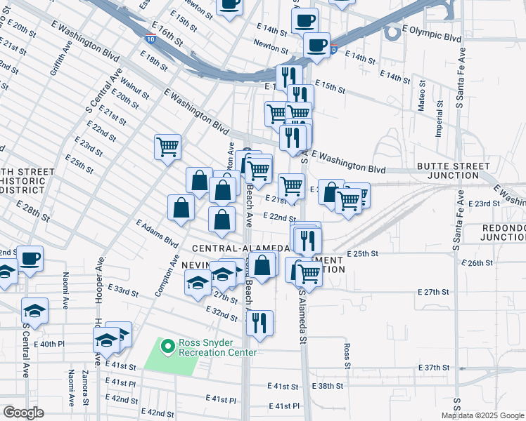 map of restaurants, bars, coffee shops, grocery stores, and more near 1721 East 22nd Street in Vernon