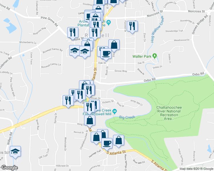 map of restaurants, bars, coffee shops, grocery stores, and more near 49 Oxbo Road in Roswell