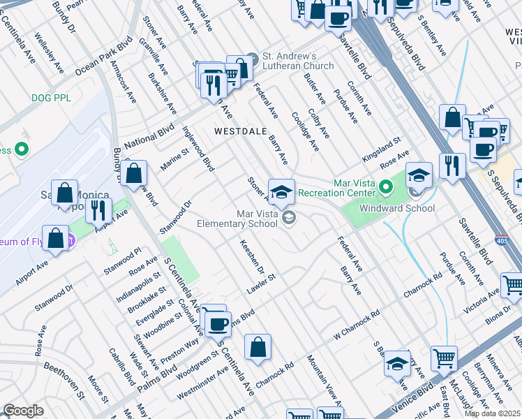 map of restaurants, bars, coffee shops, grocery stores, and more near 3276 Granville Avenue in Los Angeles