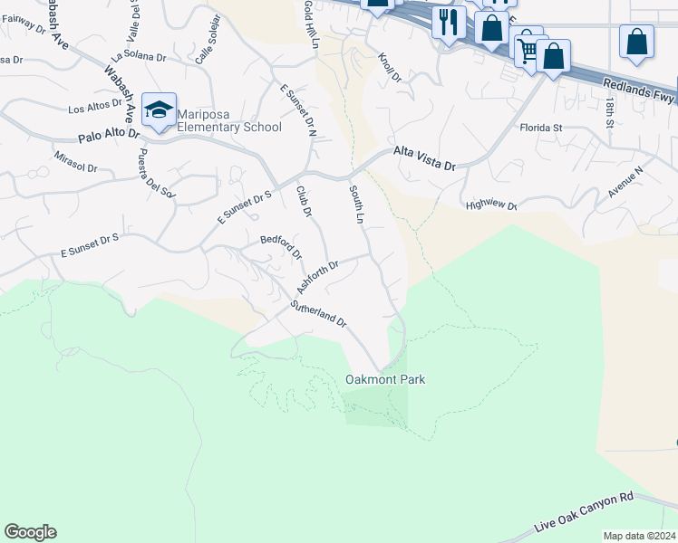 map of restaurants, bars, coffee shops, grocery stores, and more near 31156 Danelaw Avenue in Redlands