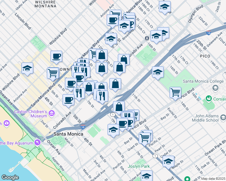 map of restaurants, bars, coffee shops, grocery stores, and more near 1658 10th Street in Santa Monica