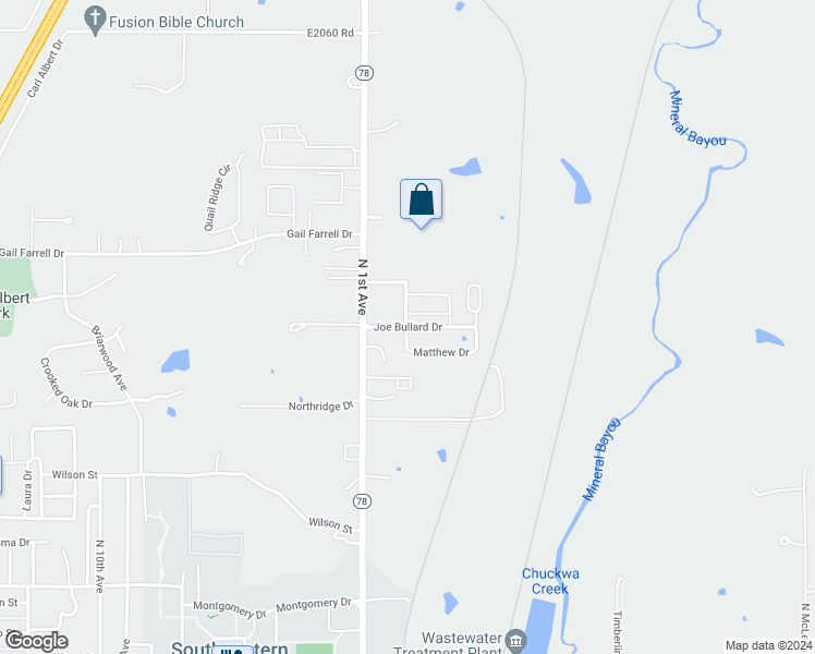 map of restaurants, bars, coffee shops, grocery stores, and more near Joe Bullard Drive in Durant