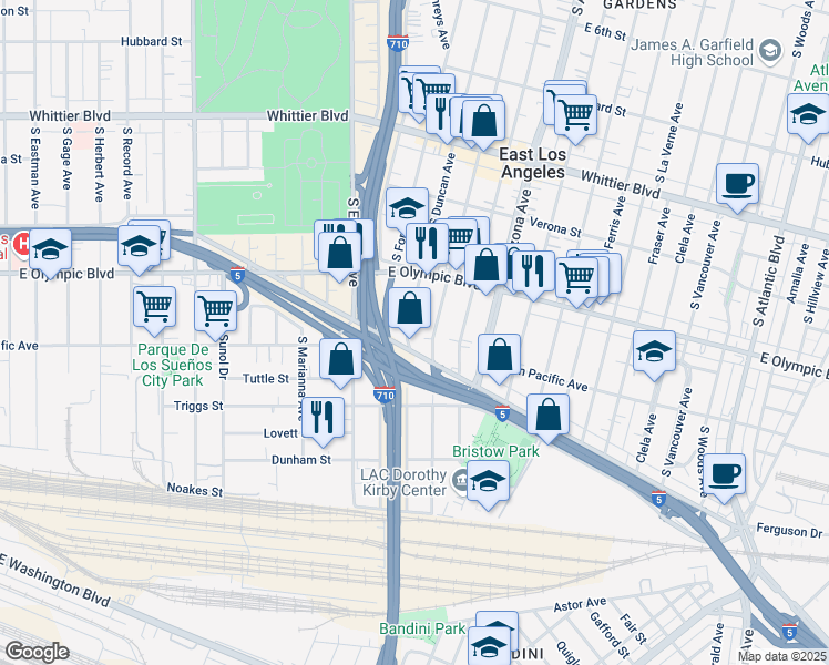 map of restaurants, bars, coffee shops, grocery stores, and more near 1270 South Duncan Avenue in East Los Angeles