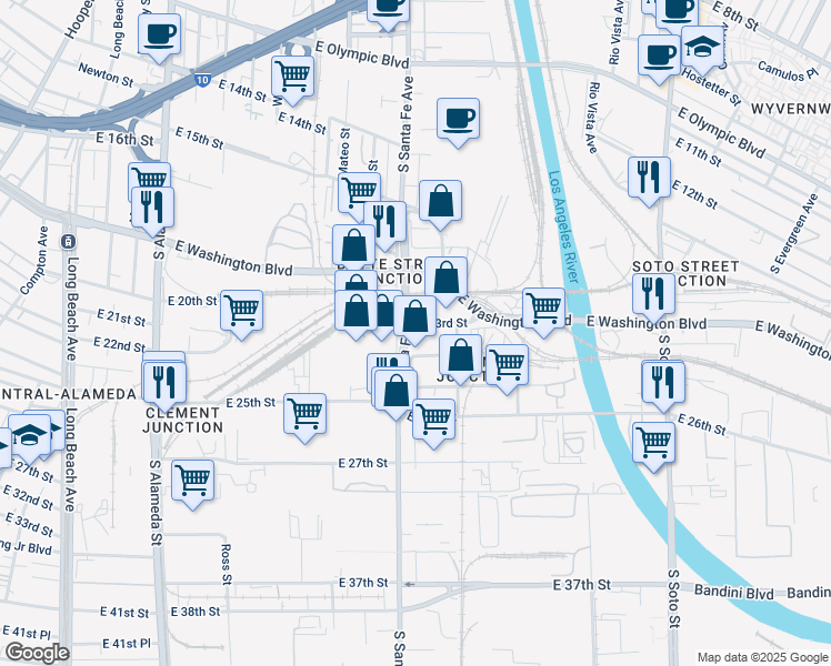 map of restaurants, bars, coffee shops, grocery stores, and more near 2300 East 27th Street in Vernon