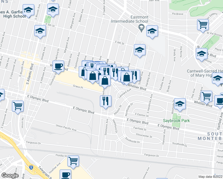 map of restaurants, bars, coffee shops, grocery stores, and more near 934 Simmons Avenue in East Los Angeles