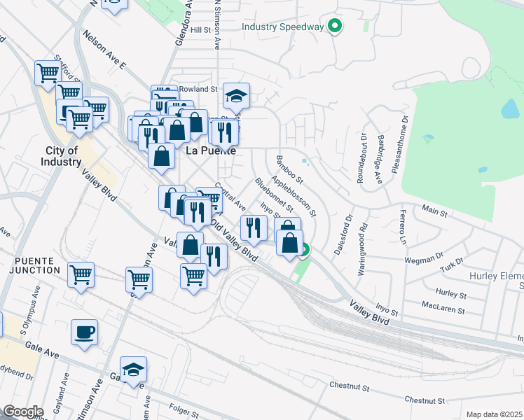 map of restaurants, bars, coffee shops, grocery stores, and more near 16216 Inyo Street in La Puente