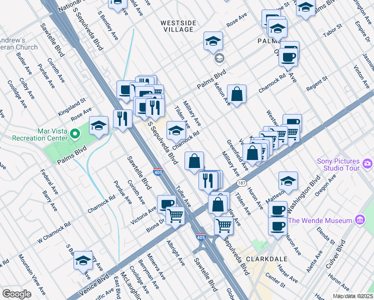 map of restaurants, bars, coffee shops, grocery stores, and more near 3621 South Bentley Avenue in Los Angeles