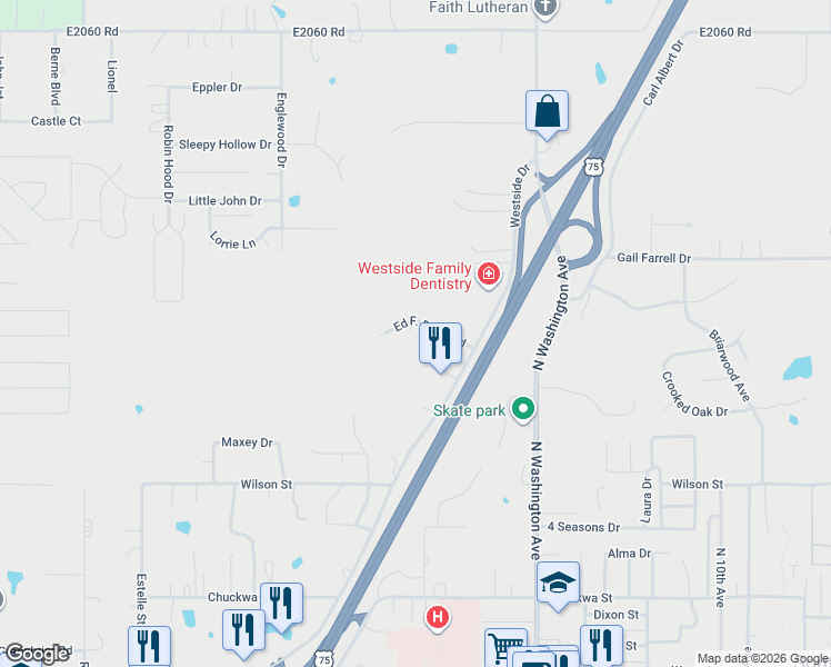 map of restaurants, bars, coffee shops, grocery stores, and more near 2149 Ed F. Davis Road in Durant