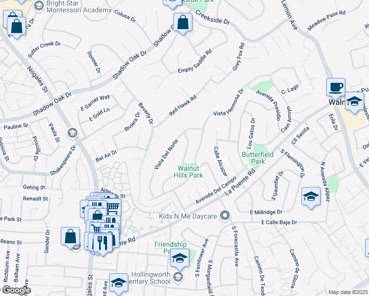 map of restaurants, bars, coffee shops, grocery stores, and more near 439 Acaso Drive in Walnut