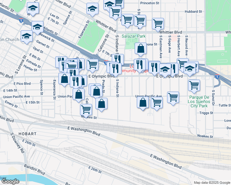 map of restaurants, bars, coffee shops, grocery stores, and more near 1263 South Indiana Street in Los Angeles