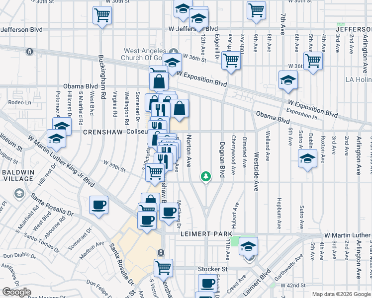 map of restaurants, bars, coffee shops, grocery stores, and more near 3811 South Norton Avenue in Los Angeles