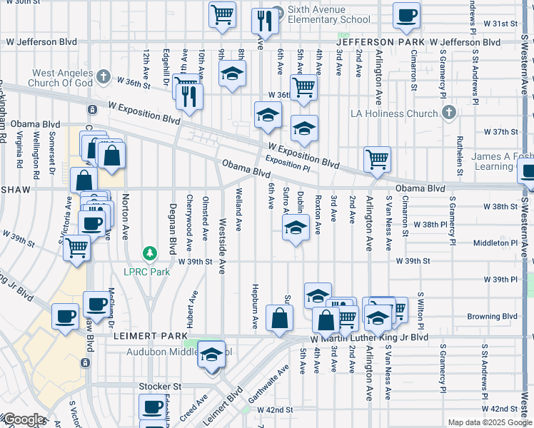 map of restaurants, bars, coffee shops, grocery stores, and more near 3811 6th Avenue in Los Angeles