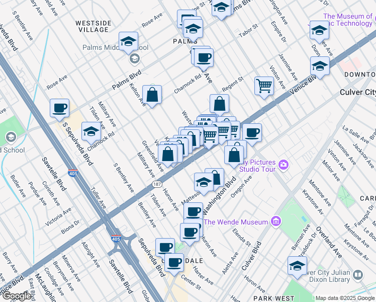 map of restaurants, bars, coffee shops, grocery stores, and more near 3759 Midvale Avenue in Los Angeles