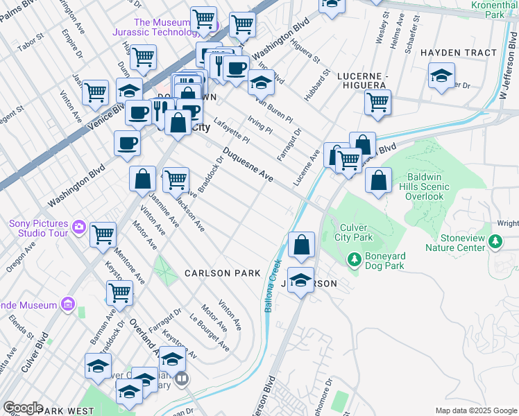 map of restaurants, bars, coffee shops, grocery stores, and more near 4214 Madison Avenue in Culver City