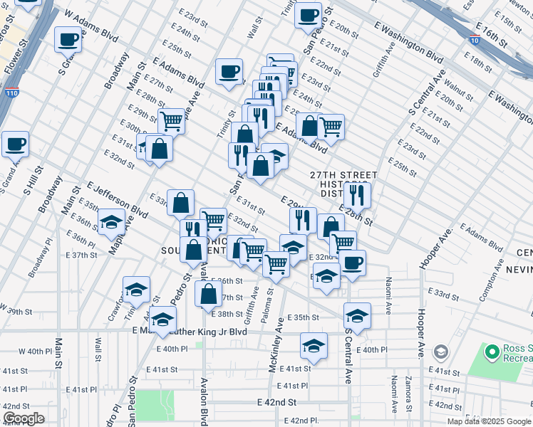 map of restaurants, bars, coffee shops, grocery stores, and more near 807 East 31st Street in Los Angeles