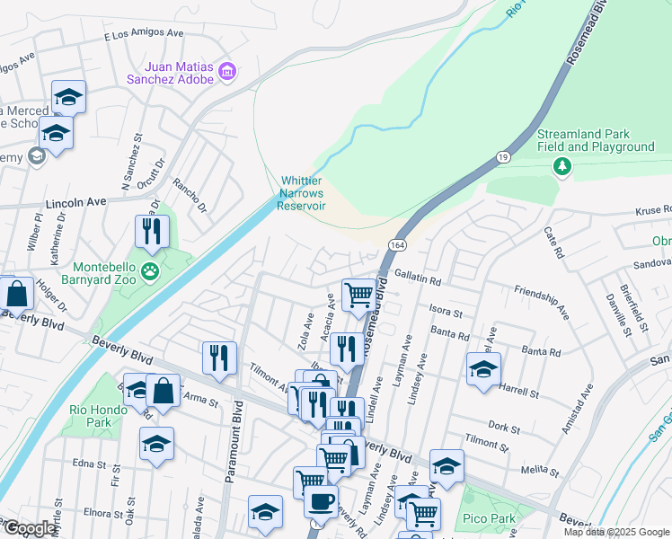 map of restaurants, bars, coffee shops, grocery stores, and more near 8939 Gallatin Road in Pico Rivera
