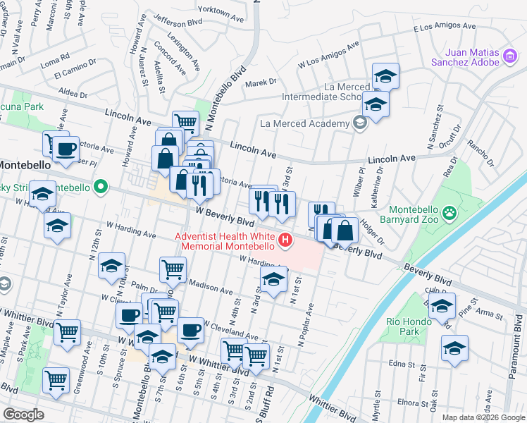 map of restaurants, bars, coffee shops, grocery stores, and more near 518 North 4th Street in Montebello