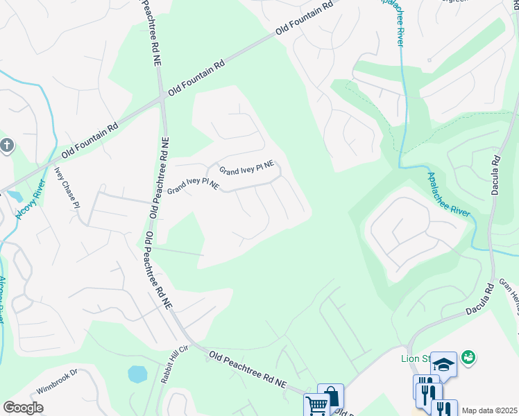 map of restaurants, bars, coffee shops, grocery stores, and more near 1990 Alder Tree Way in Dacula