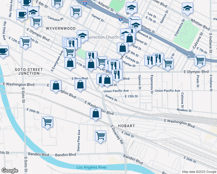 map of restaurants, bars, coffee shops, grocery stores, and more near 3346 East 14th Street in Los Angeles