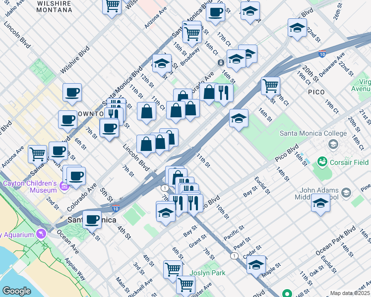 map of restaurants, bars, coffee shops, grocery stores, and more near 1030 Olympic Boulevard in Santa Monica