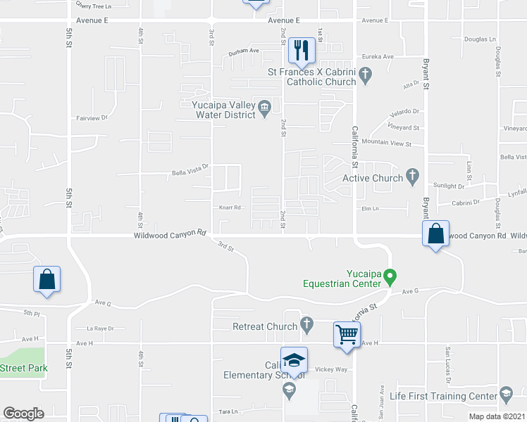 map of restaurants, bars, coffee shops, grocery stores, and more near 34785 Knarr Road in Yucaipa