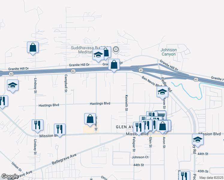 map of restaurants, bars, coffee shops, grocery stores, and more near 3916 Stanton Street in Riverside