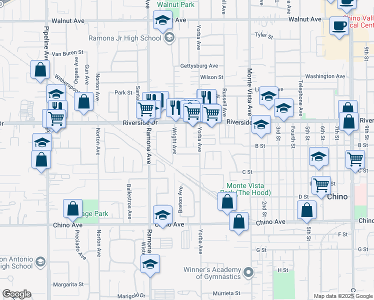 map of restaurants, bars, coffee shops, grocery stores, and more near 4650 Oceanside Drive in Chino