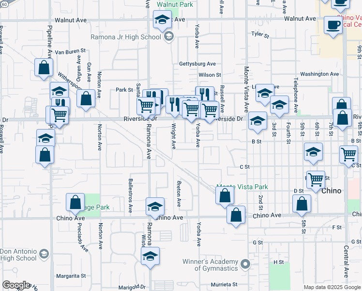 map of restaurants, bars, coffee shops, grocery stores, and more near 4650 Oceanside Drive in Chino