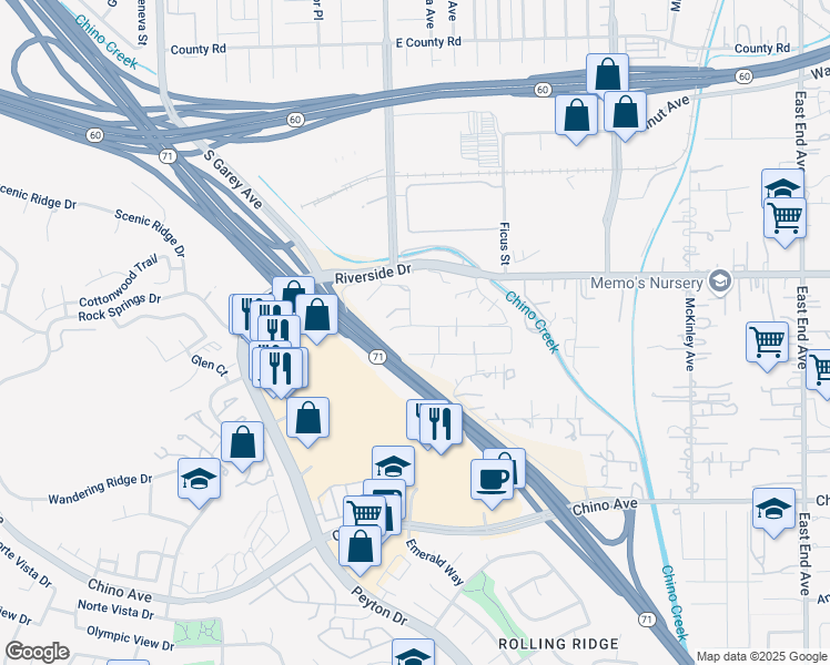 map of restaurants, bars, coffee shops, grocery stores, and more near 3005 Riverside Terrace in Chino