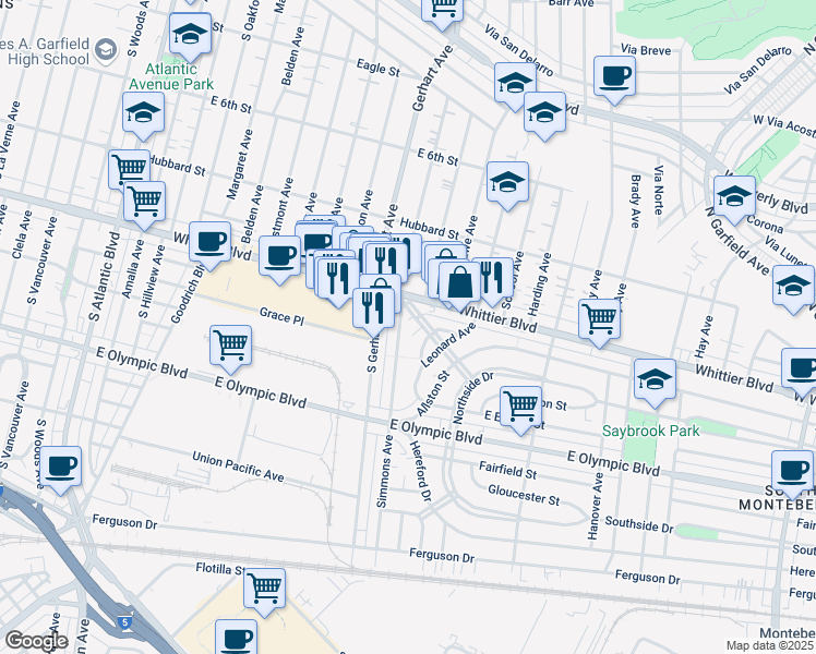 map of restaurants, bars, coffee shops, grocery stores, and more near 934 Simmons Avenue in East Los Angeles
