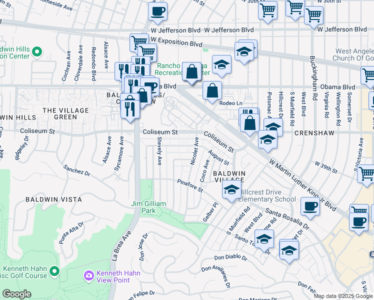map of restaurants, bars, coffee shops, grocery stores, and more near 4800 August Street in Los Angeles