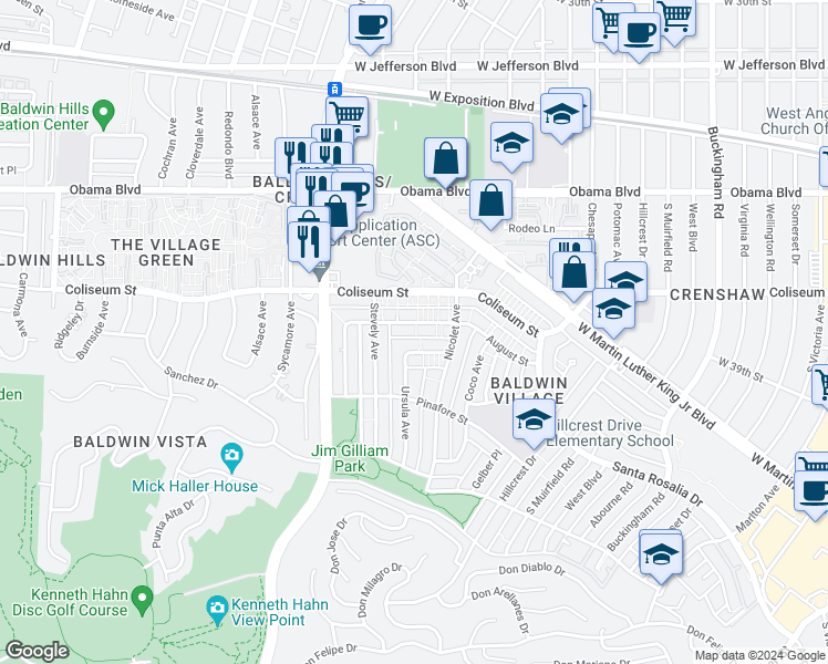 map of restaurants, bars, coffee shops, grocery stores, and more near 4800 August Street in Los Angeles